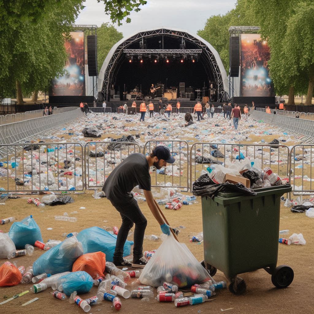 A group of people gathering the garbage leftovers after an outdoor concert.